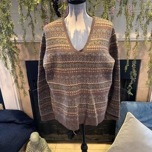 Alexandra Bartlett Women's L brown blue lambs wool v neck beaded detail sweater